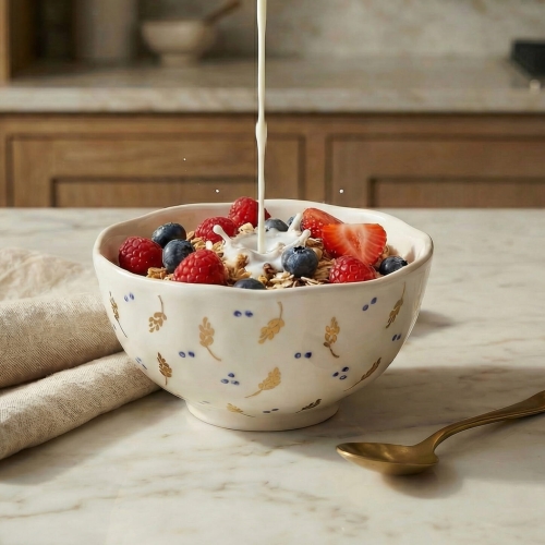 Ceramiczna misa Pippine Bloomingville podczas serwowania śniadania